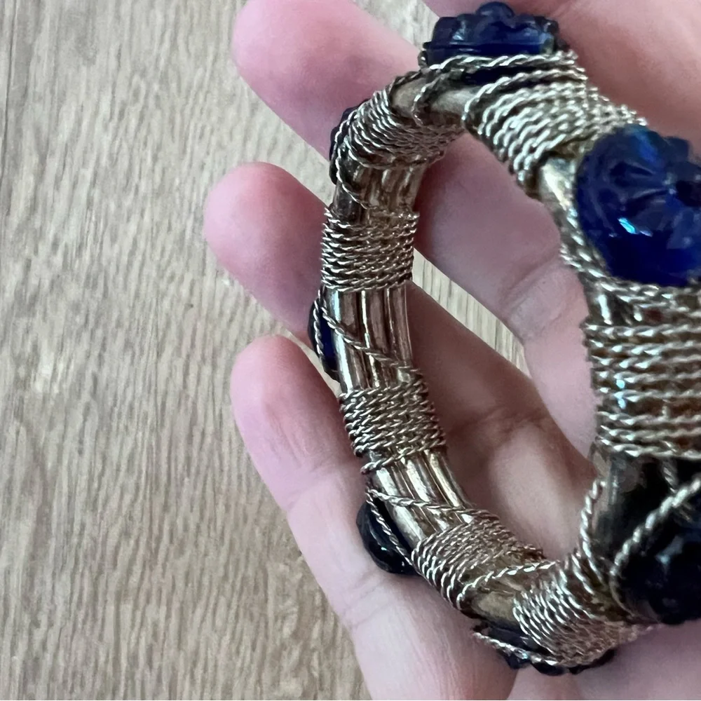 Vintage‎ Blue Glass Beaded & Silver Tone Wire Wrapped Napkin Holder Rings 7 PCs